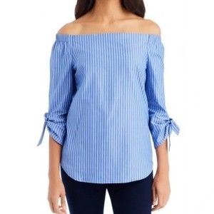 J McLaughlin Small Natasha Blue Striped 3/4 Sleeve 100% Cotton Off the Shoulder